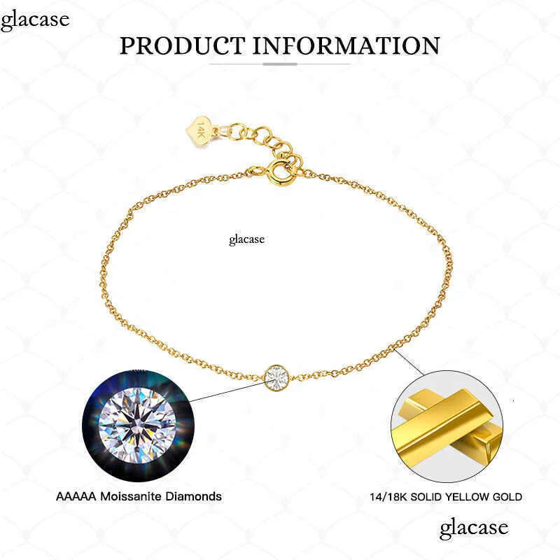 GB17 RINNTIN 14K Solid Yellow Gold Lobster Clasp Strand Cut Cable Chain Solitaire Bezel Set Moissanite Dia Bracelet