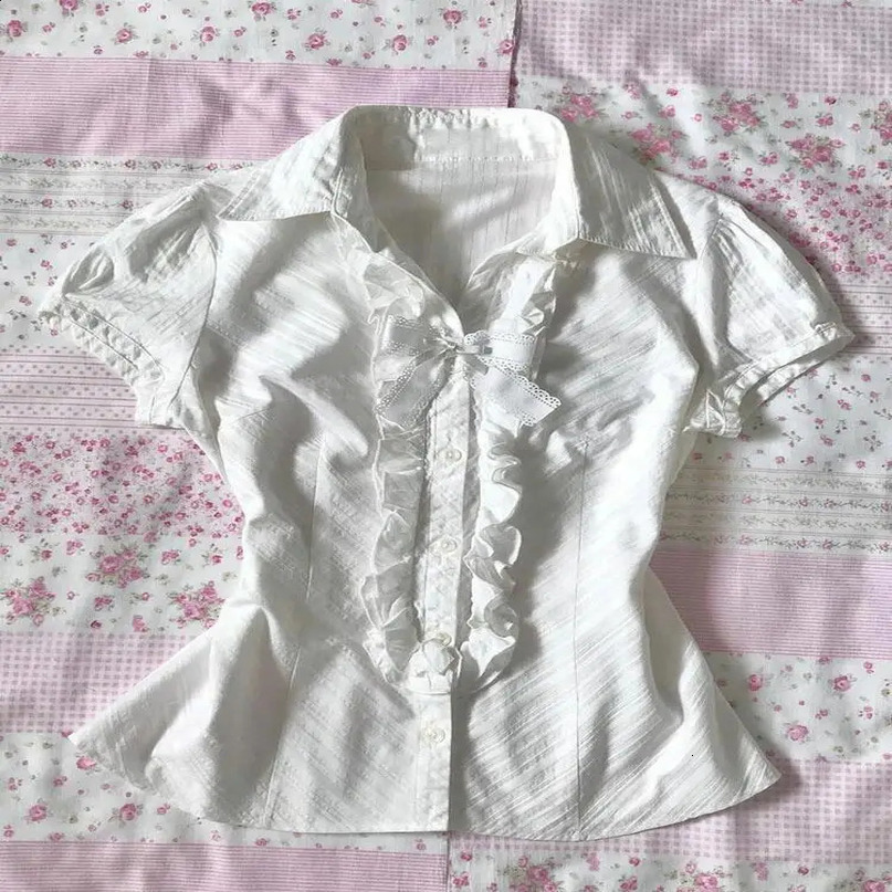 Y2k Top 90s Retro Clothing Womens White Punk Slim Bow Aesthetics Lace Harajuku Girls Tshirt Crop Short Sleeve 240814