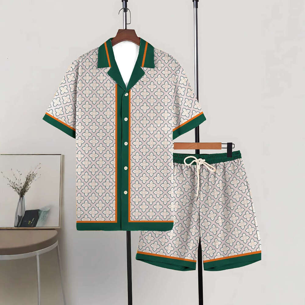 Lanjia- 2025 Casual Trendy Fashion Travel Summer Men's Cuban Collar Shirt Short Sleeve Shorts Set 0Da8f