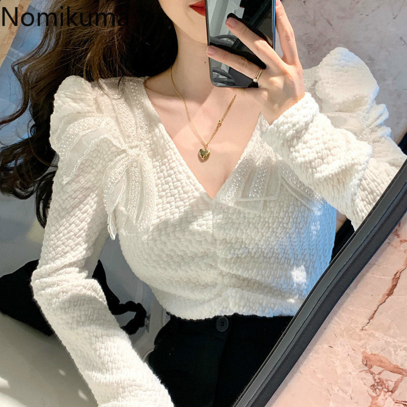 Nomikuma Korean Diamonds Bowknot Blouse Shirt Puff Long Sleeve V-neck Women Tops Spring New Slim Elegant Blusas 6D796 210427