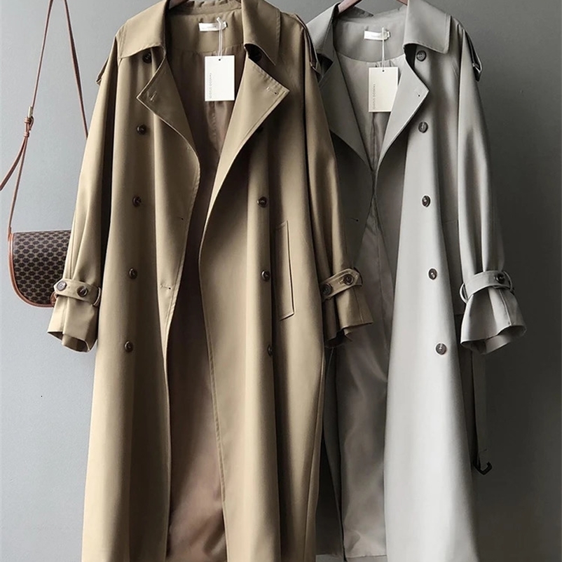 Khaki double breasted long trench coat for womens casual and loose Korean Gabardina lapel classic oversized windproof jacket 250118