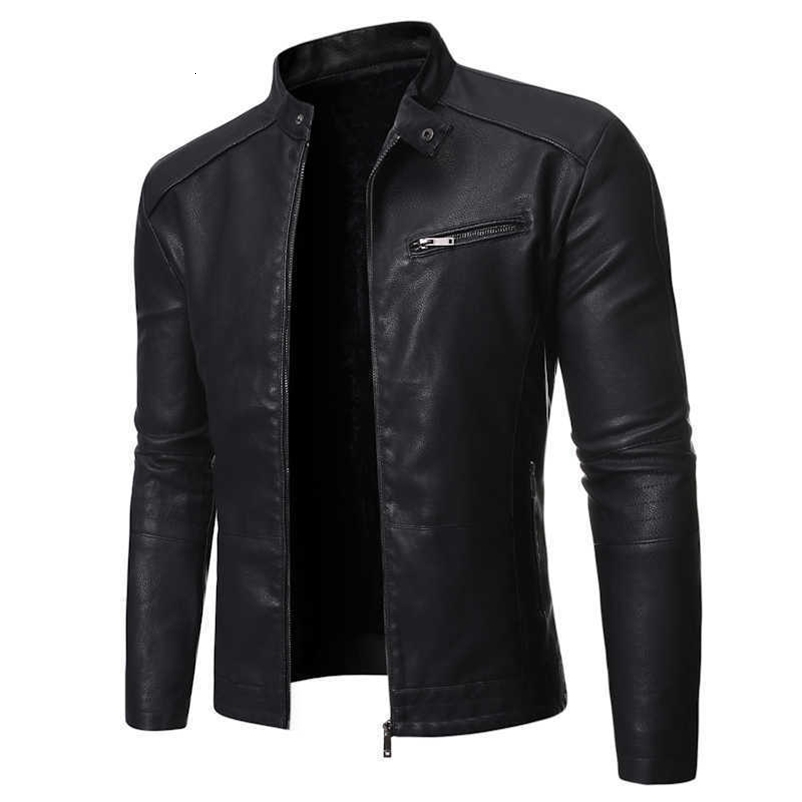 Autumn Winter High Quality Men's Solid Color Stand Collar Zipper Pocket Slim Motorcycle Fleece Long Sleeve Leather Jacket 211018