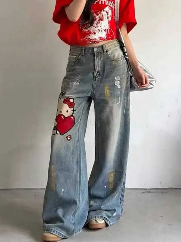 Sanrio Hello Kitty New 2025 Cartoon Cute Jeans Creative Womens Loose and Comfortable Straight Leg Wide Leg Pants Holiday Gifts L250925