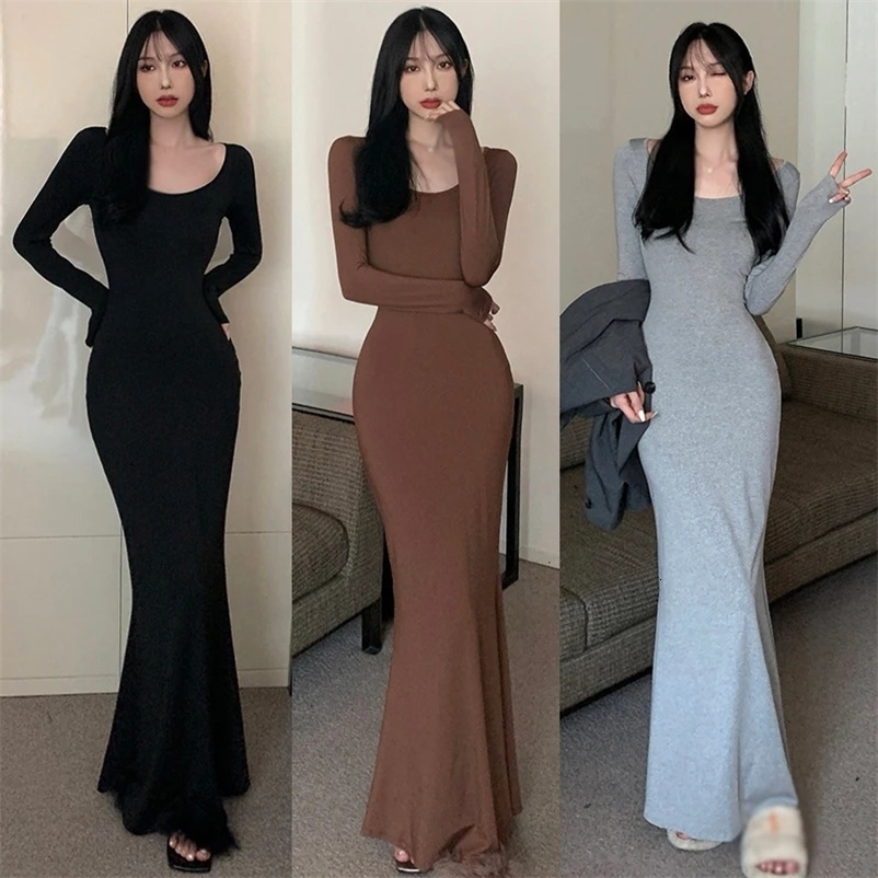 Korean Version Fishtail Dress Solid Color Square Neck Slimming Sexy Fishtail Wrap Buttocks Dress 240319