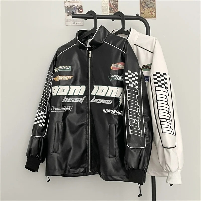 American Letter Embroidered Motorcycle Zippered Jacket Mens Spring and Autumn High Street Hip-hop Loose PU Leather Racing Coat 240716