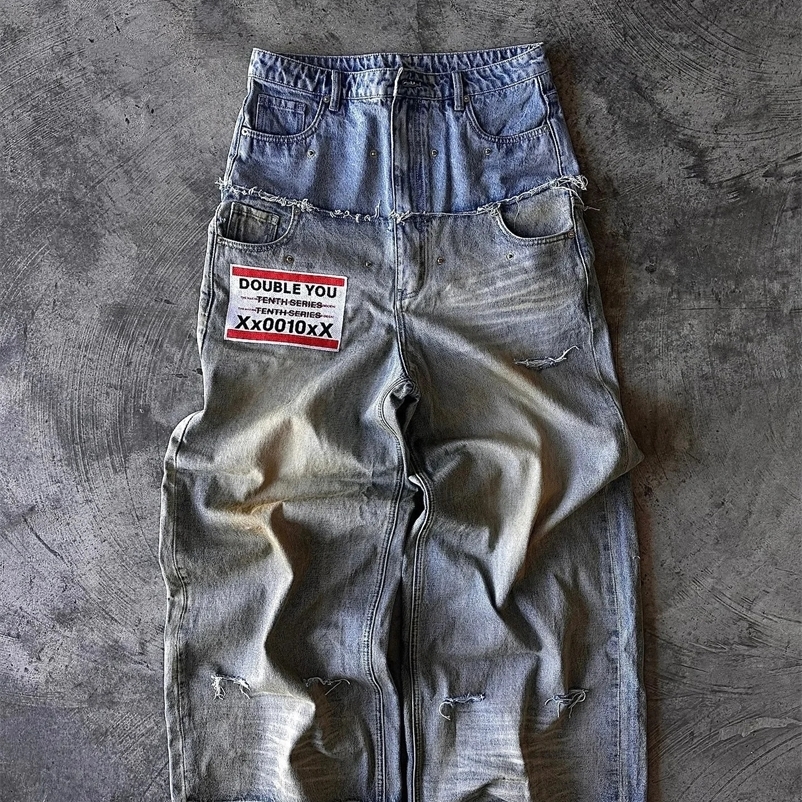 American Retro Double Stitching Washed Baggy Jeans Mens Y2K Harajuku Hip-Hop Gothic Casual Joker Wide Trousers Street Wear 250118