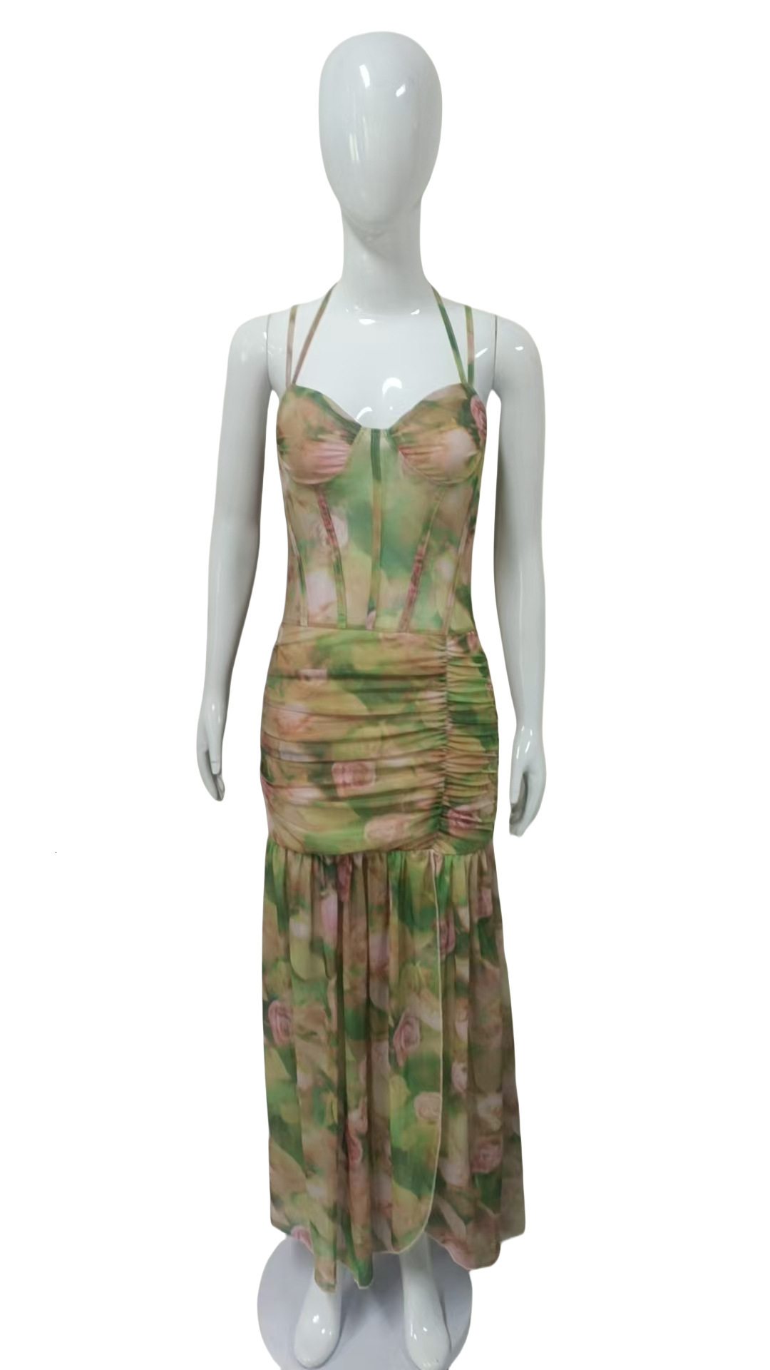 Women's Fashion 2025 Summer New Sexy Spaghetti Strap Printed Vacation Beach High Waist Slimming Split Dress