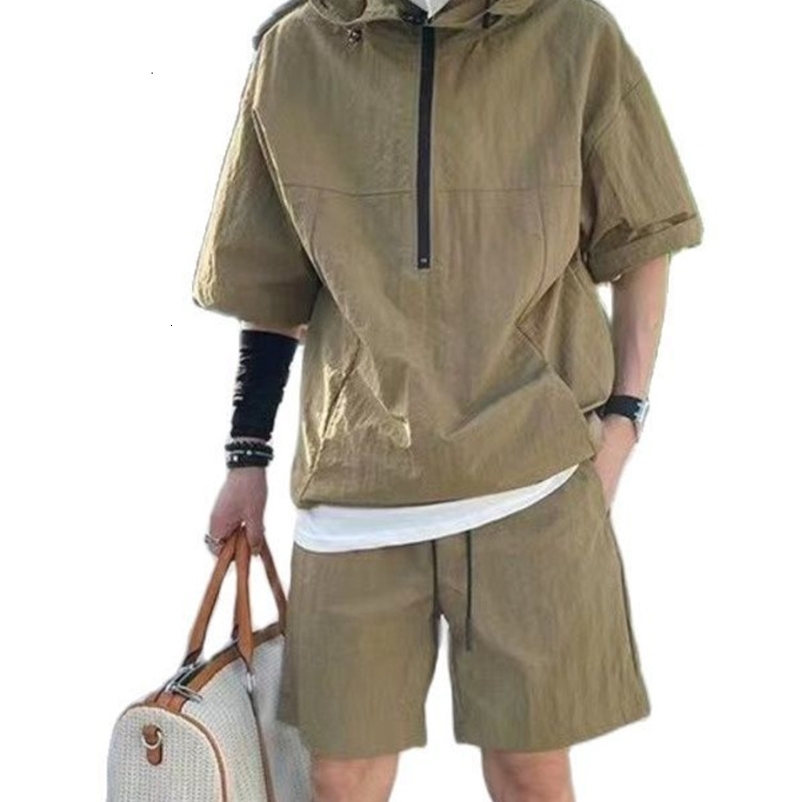 Men's Tracksuits 2Pcs Men Summer Tracksuit Shorts Set Hooded T Shirt Zipped Matching Shorts Solid Cargo Large Size Casual Suit 4XL Male Clothes 2