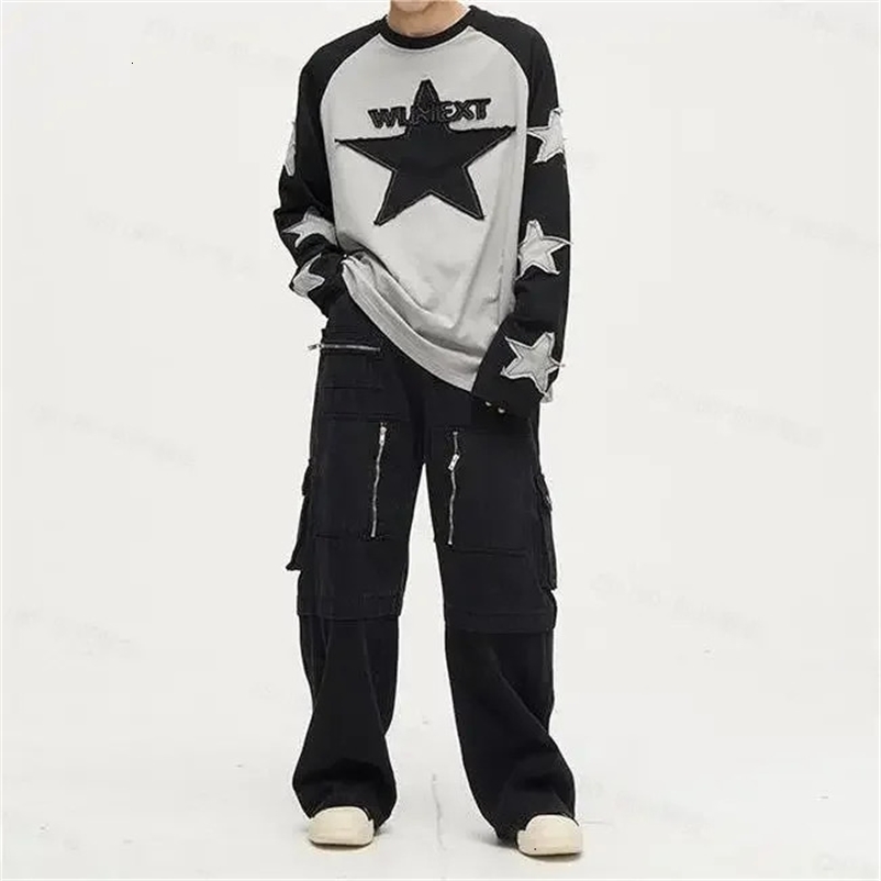 Harajuku Star Embroidery Y2K Pullover Womens Contrast Patch Harajuku Dress Long Sleeve Preppy Long Sports Top 240716