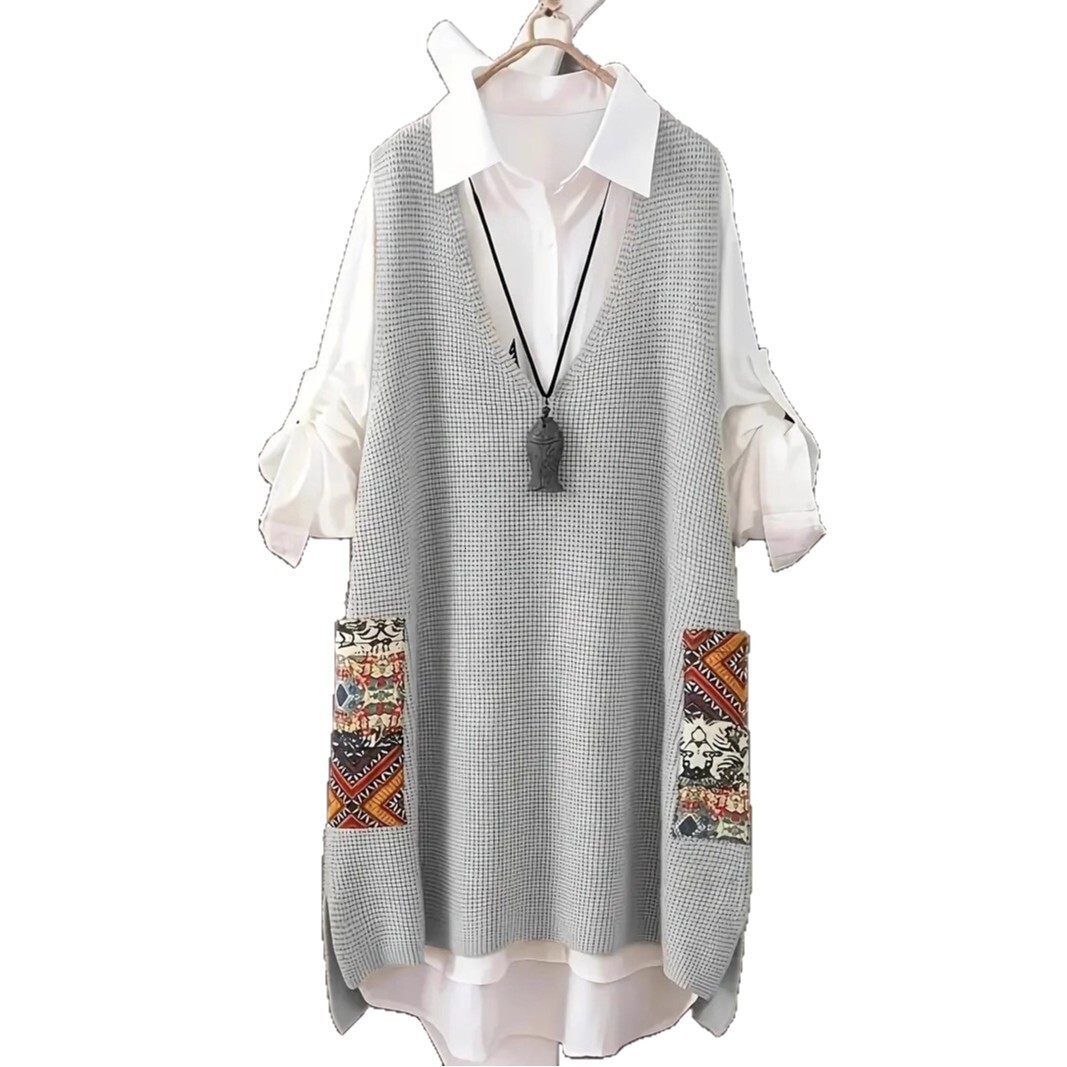 Plus Size Women's Versatile Spring and Autumn New Korean Style Loose Long Sleeveless Sweater with Random Printed Pocket