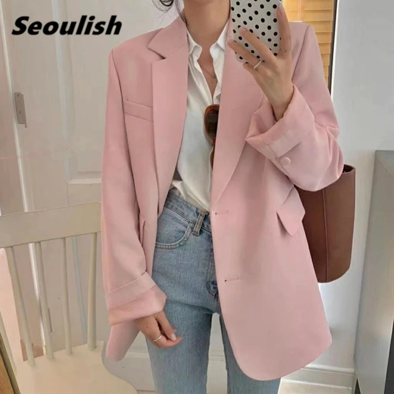 Seoulish autumn pink womens jacket single chest jacket fashionable retro oversized elegant office top pocket 250415