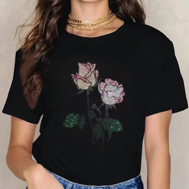 high-quality diamond womens short sleeved casual T-shirt creative spark diamond pink rose rhinestone T-shirt 250321