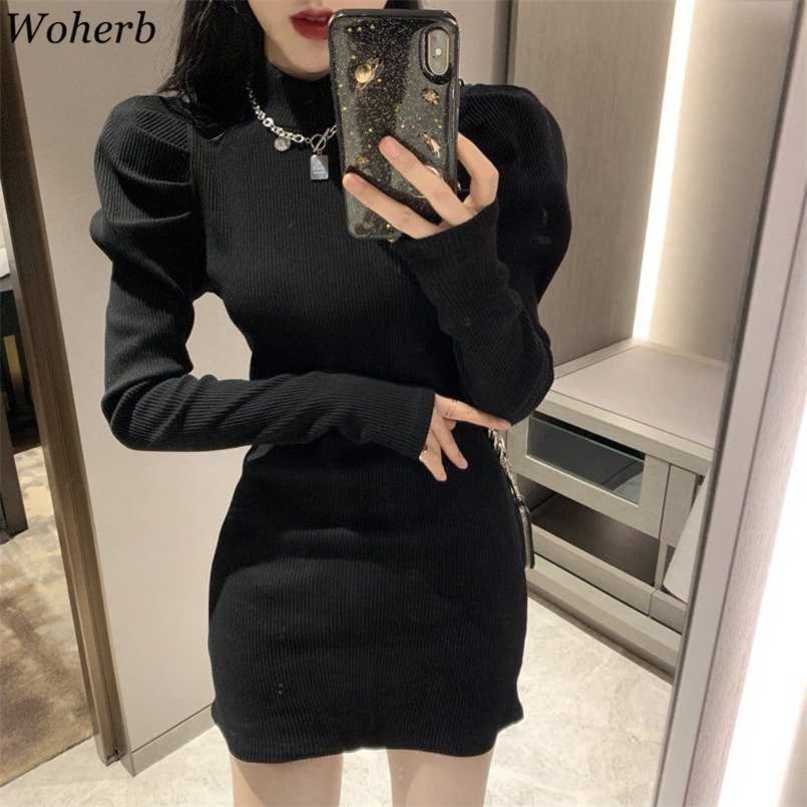 Woherb Sexy Slim Bodycon Dress for Women Half Turtleneck Knit Black Mini Woman Dresses Chic Elegant Robe Puff Sleeve Vestidos 211221