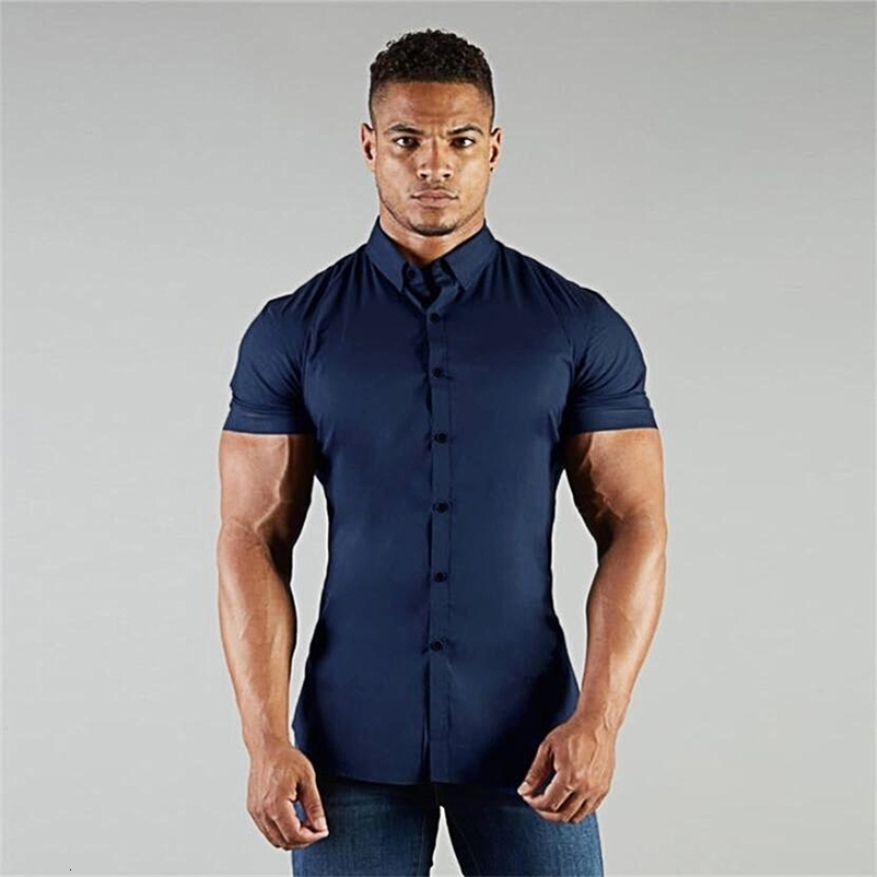 Men's Casual Shirts Men's Shirt Summer Business Shirt Short Sleeve Turn-down Collar Tuxedo Shirt Fashion Super Slim Fit Male Social Dress Sh