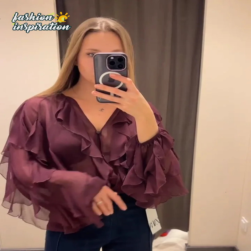 Fashion Burgundy V-neck Layered Ruffle Shirt Elegant Womens Full Sleeve Loose Shirt Spring Womens Decorative Office Set 250402