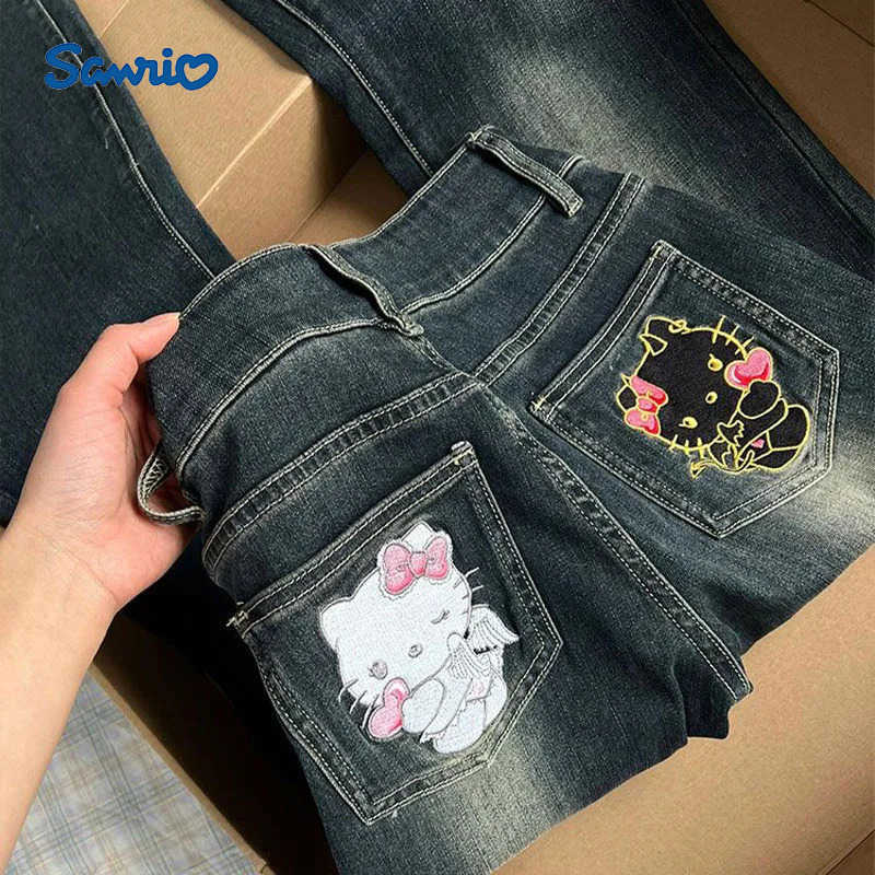Sanrio Hello Kittys Jeans Cartoon Embroidery Denim Women Y2K High Waist Wide Legs American Retro Pant Casual Streetwear Trousers L250925