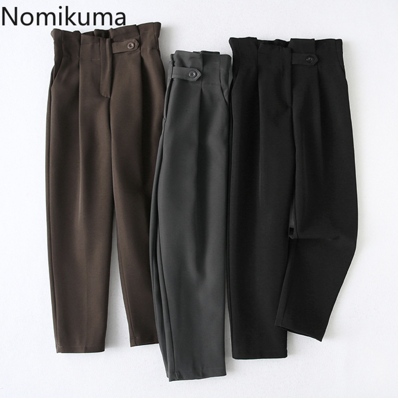 Nomikuma Women Suit Pants Korean Elegant Ruffle High Waist Long Trousers Autumn Winter New Office Wear Harem Pants 6D025 210427