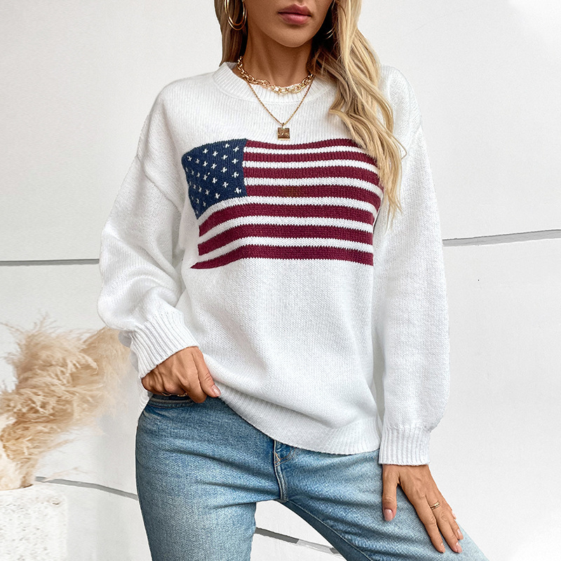 MaoMaoYu 2024 Autumn Winter New American Flag Pullover Round Neck Knitted Sweater Women's Fashion