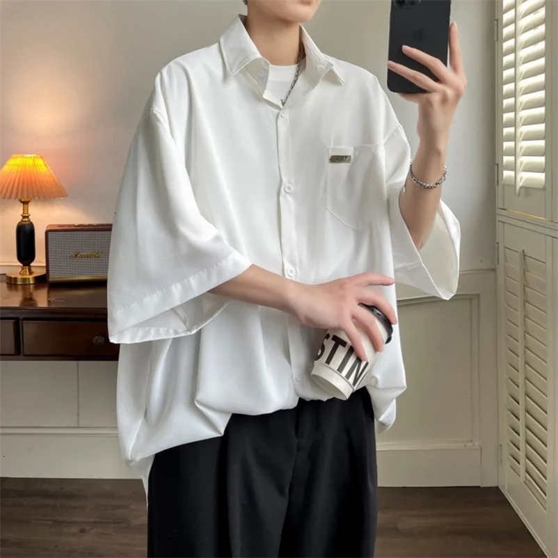 Summer Short sleeved Mens Social Mens Formal Dress Korean Loose Ice Silk Shirt Mens White Casual Shirt Large 250422