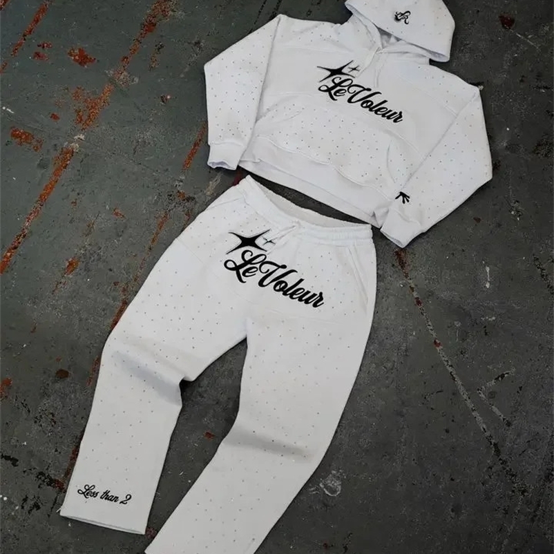 Letter Print Retro Oversized Hoodie Sweatshirt Two Piece Set Women Y2K Men Hip Hop Casual Sweatshirt Streetwear Set 250225