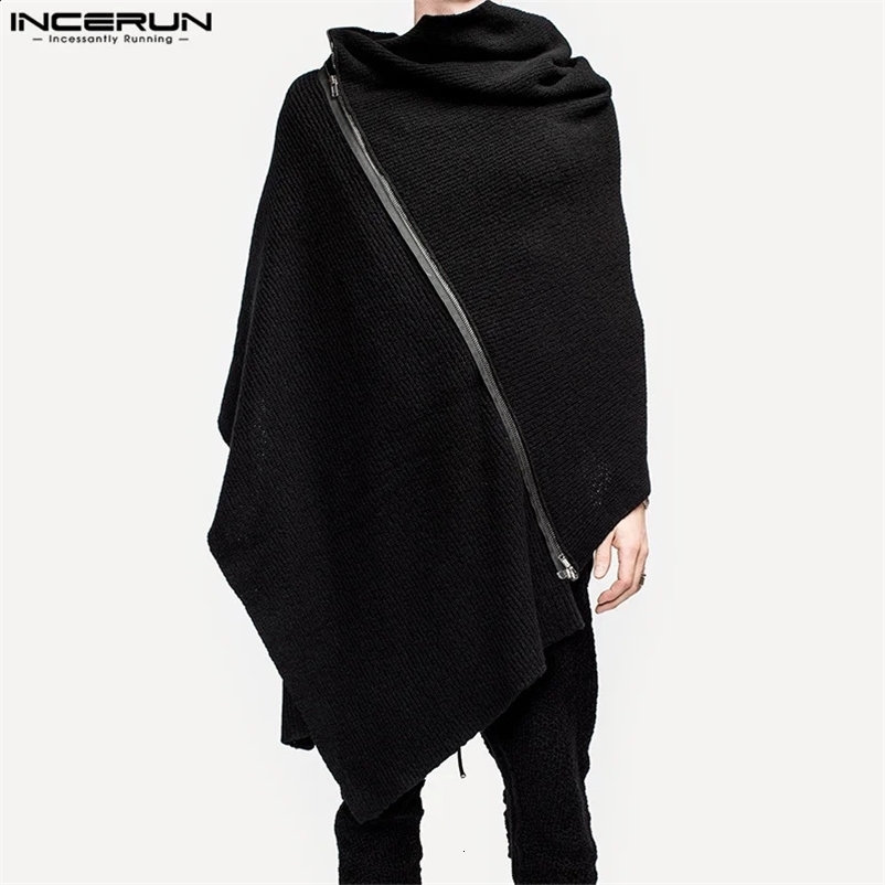 INCERUN Mens Cloak Coat Solid Color Turtle Neck Zipper Street Clothing Irregular Raincoat Fashion Casual Mens Long Trench S-5XL 241203