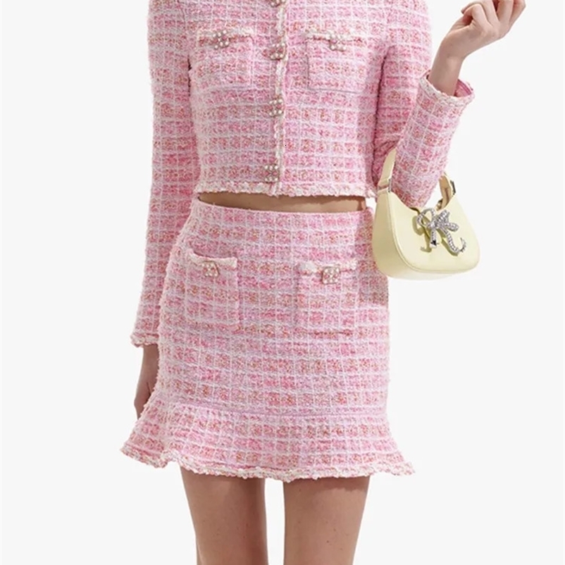 Womens pink plain weave tweed set long sleeved round neck short sleeved sweater cardigan or A-Line knitted trumpet mini skirt sweetheart womens set 24