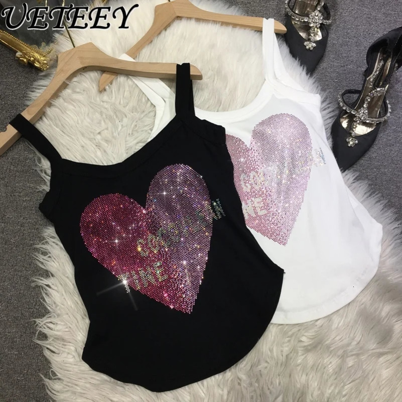 Heavy duty embroidered diamond vest for women shiny and cute irregular cotton inner vest elastic slim fit top Y2k suitable for all seasons 250402