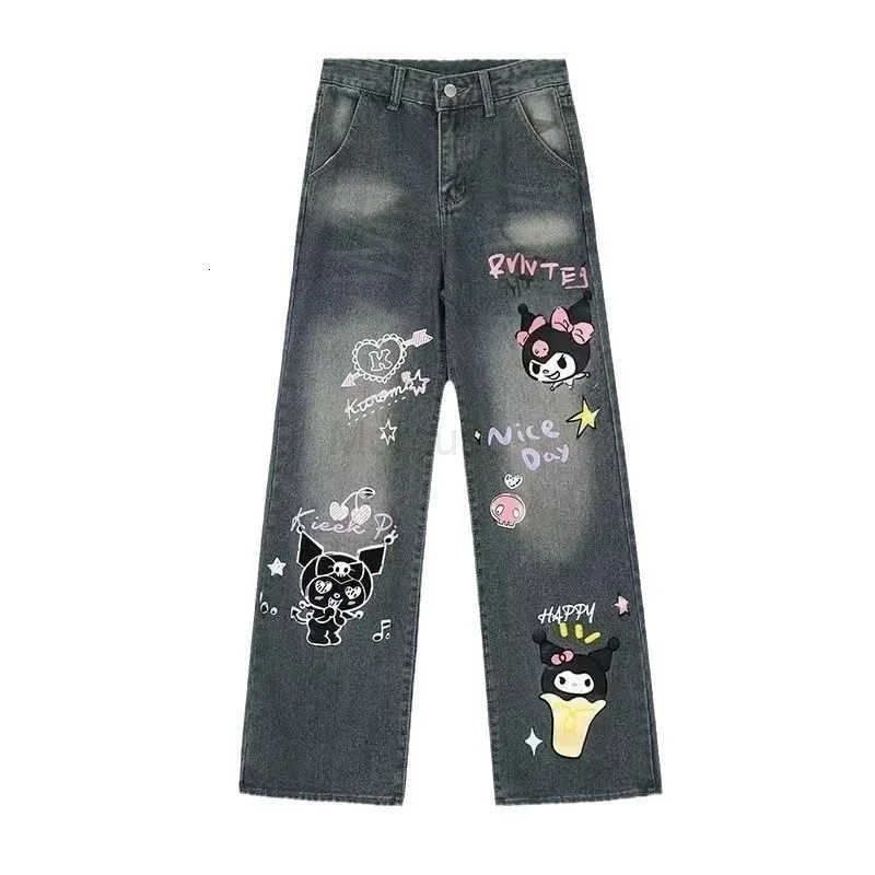 Sanrio Kuromi Printed Micro Flared Jeans Korean Streetwear Loose Straight Trousers Y2k Female Fashion High Waist Wide Leg Pants L250925