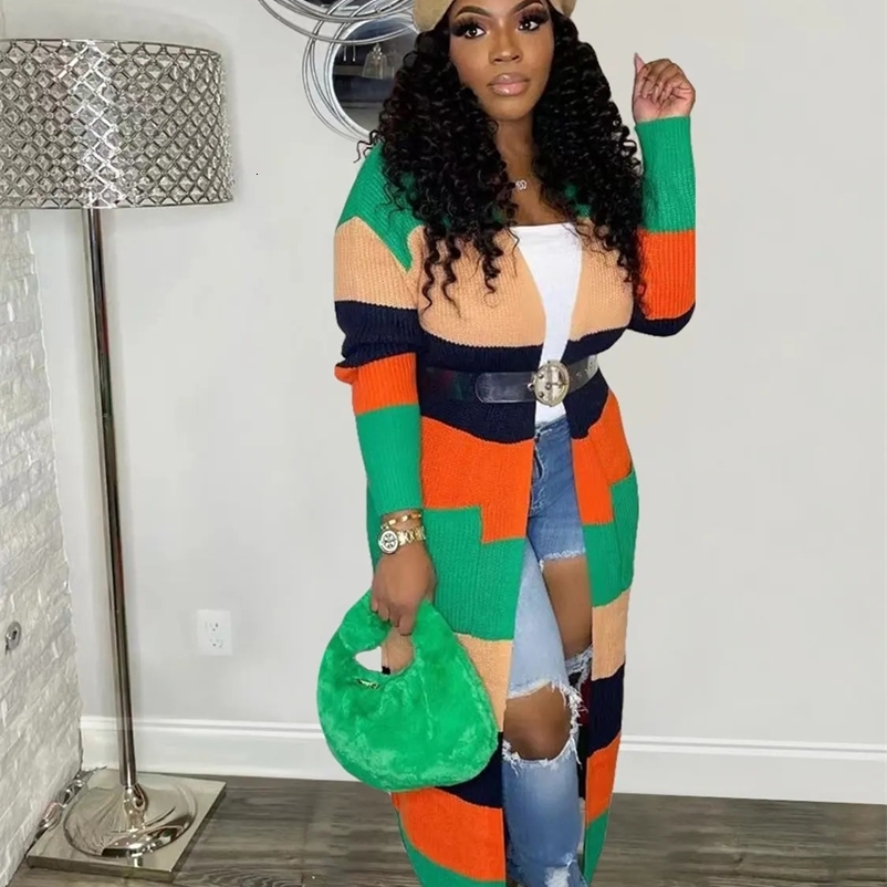 CM.YAYA Elegant Women Rainbow Striped Long Sleeve Open Stitch Sweater Cardigan Autumn Winter Street INS Oversized Jumper Sweater 250118