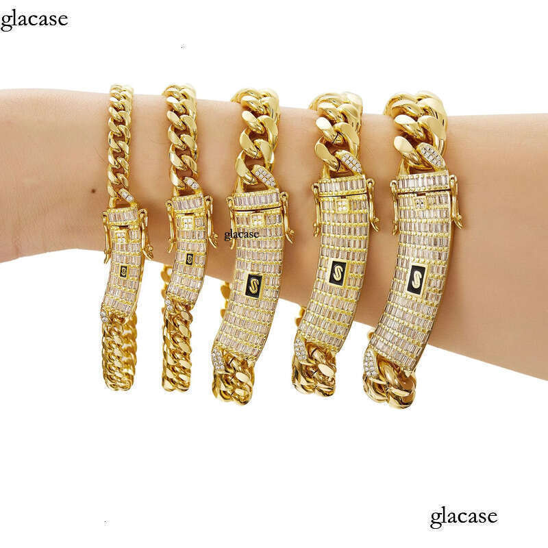 6-14mm Solid Stainless Steel Miami Cuban Chain Necklace Bracelets T Zircon Long Clasp 14K Gold Plated Jewelry