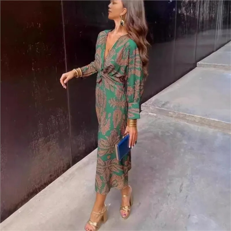 Vestidos Para Mujer Womens Retro Printed Midi Dress Round Neck Elegant Long Sleeve Dress Spring/Summer Party Dresses 250218