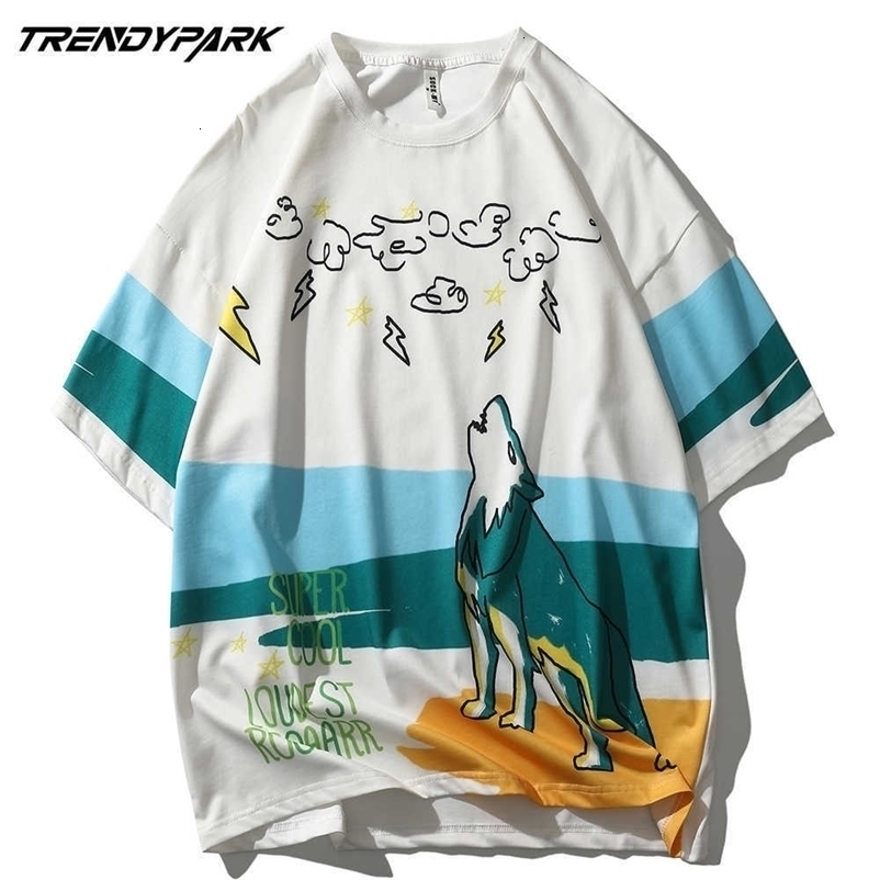 Men's Hip Hop T-Shirt Polyester Soft Streetwear Wild Worf Print T Shirt Harajuku Cotton Summer Short Sleeve Tshirt Tops 210601