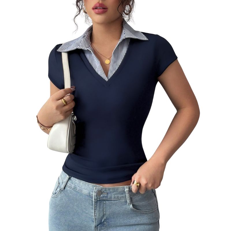 Women's Navy Blue Striped Collar Patchwork T - Shirt, High Elastic Slim Fit V - Neck Elegant Business Top-SZ25124