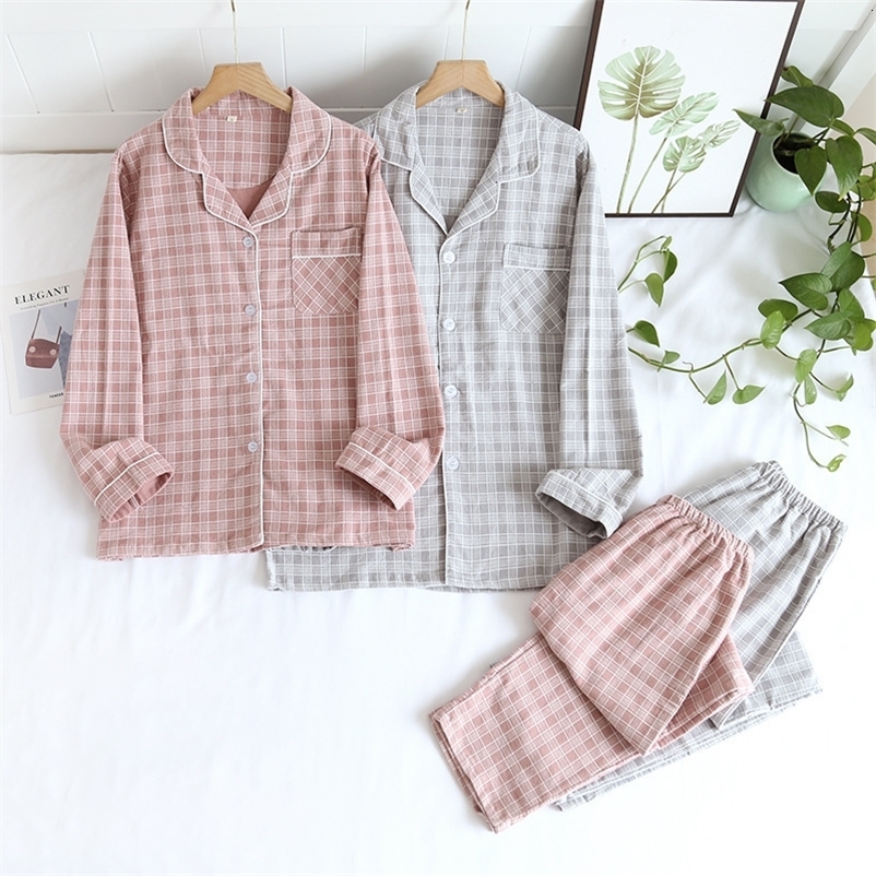 Women's Sleepwear spring and autumn couple pajamas long-sleeved trousers 100% cotton brushed plaid two-piece home service for men and women 23022