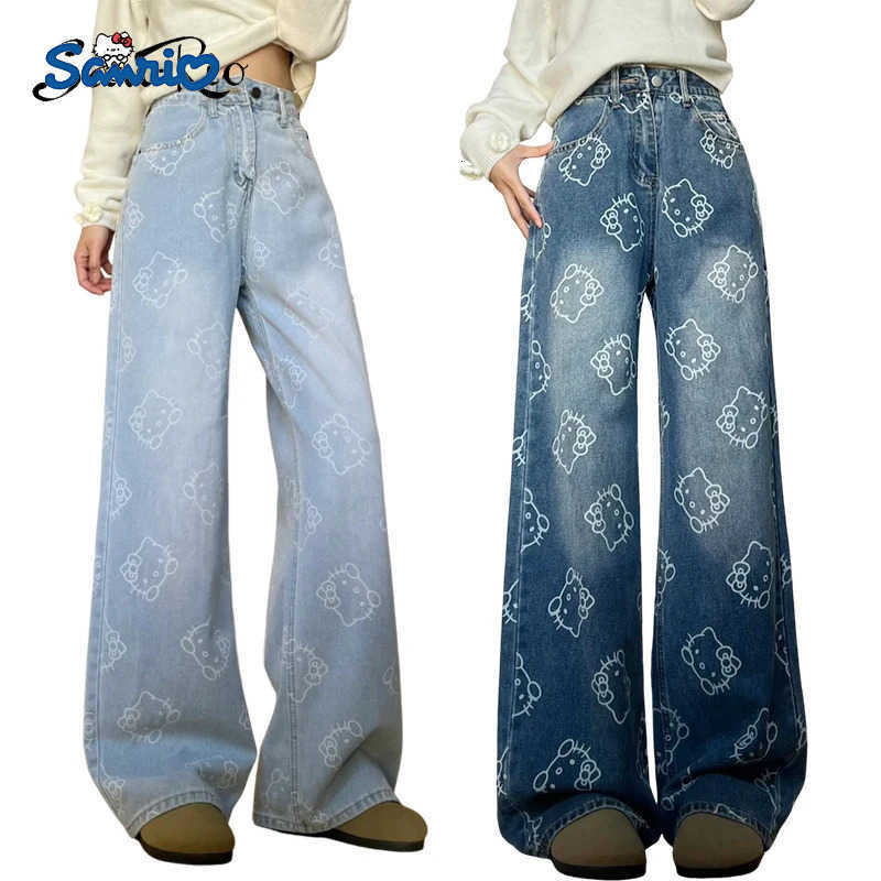 Sanrio Hello Kitty Womens High Waist Straight Leg Denim Pants Stretch Comfort Leg Jeans Breathable Dark Blue Wide Leg Jeans for Women L250925