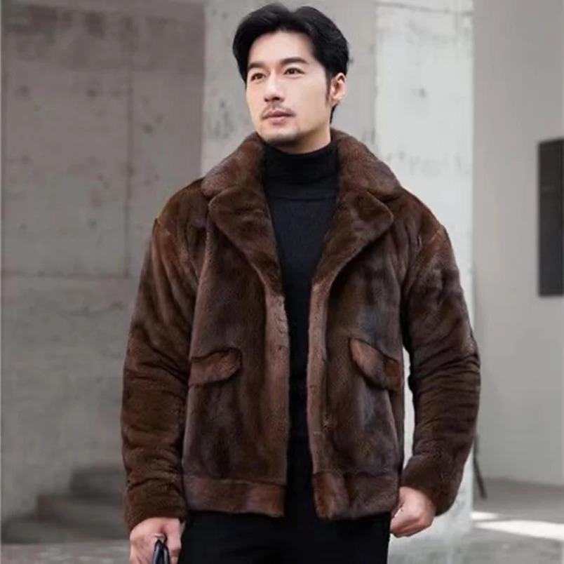 Fancy Rani Real Mink Coat Winter Mens Short Set Set Collar Imported Mink Jacket Black Brown Long Sleeve 241113