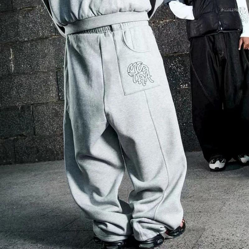 Men's Pants High Street Clothing Casual Embroidered Pattern Multi-pocket Autumn Winter Grey Fleece Sweatpants