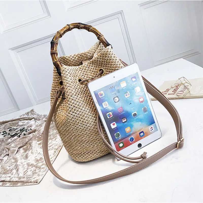 Women Drawstring Straw Bucket Bag Female Summer Handmade Woven Shoulder Messenger Bags Ladies Shopping Purse Beach Bags Handbags Z250923