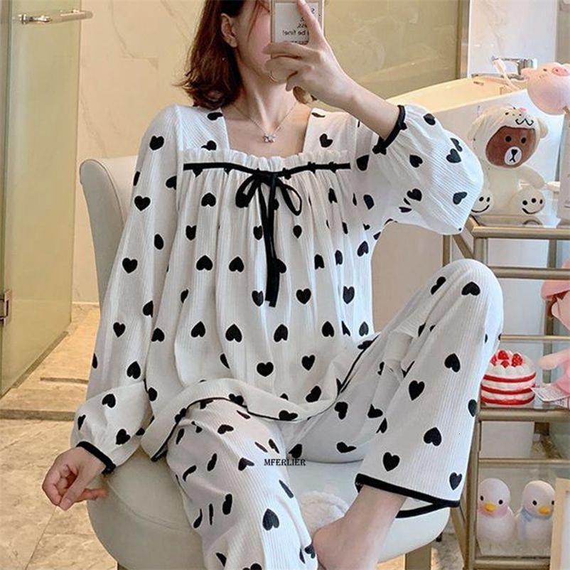 Women's Sleepwear Large Size 5XL 150KG Autumn Pajamas Set Hearted Print Women Pyjamas Sleepwear Pijama Mujer Large Long Sleeve and Pants Homewear