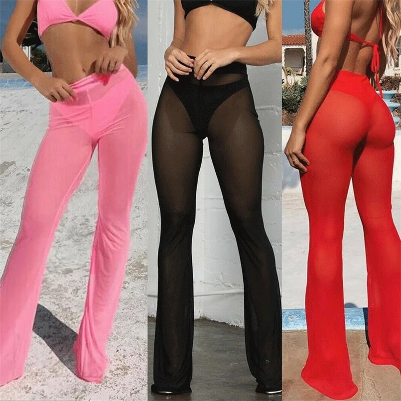 Women Sexy Beach See-through Mesh High Waist Elastic Sheer Wide Leg Pants Trousers Plus Size Bikini Cover Up S-XL 250304