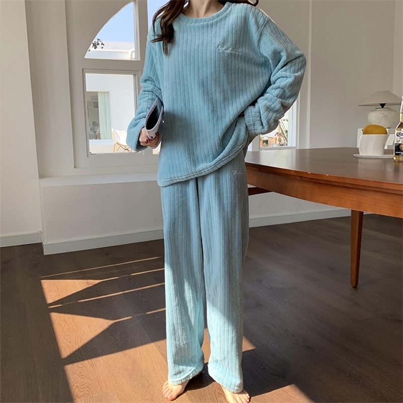 Women's Sleepwear Autumn Winter Warm Flannel Women Pyjamas Sets Thick Long Sleeve Soild Sleepwear Pajamas Set Home Clothing Suit Homewear 230227