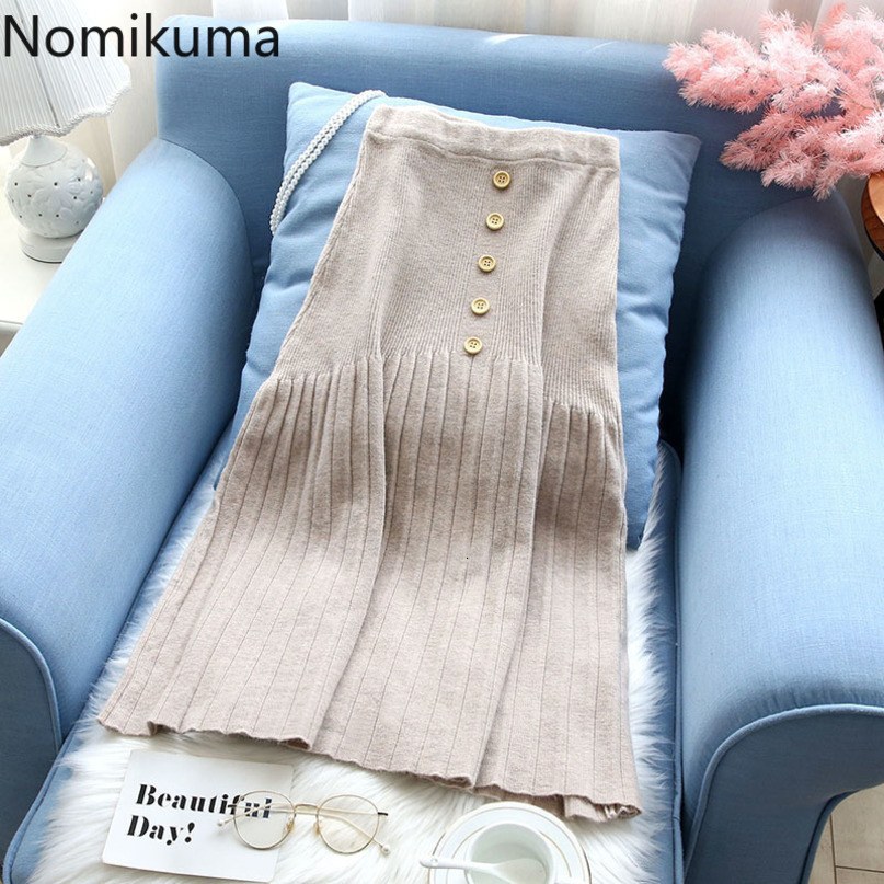 Nomikuma Women Knitted Skirts Autumn Winter Korean Buttons Pleated A-line Sweater Skirt New Elegant Faldas Mujer 6D217 210427