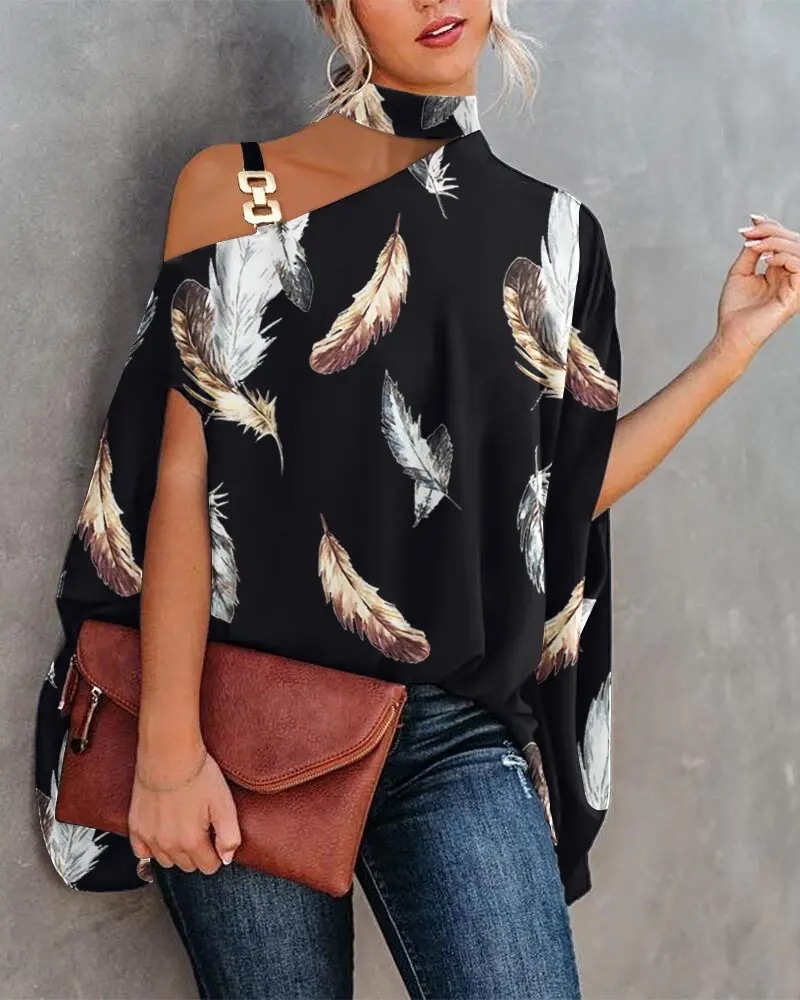2024 Summer Loose Women's Clothing Halter Neck Shawl Printed Short Sleeve Batwing Shirt Commuting
