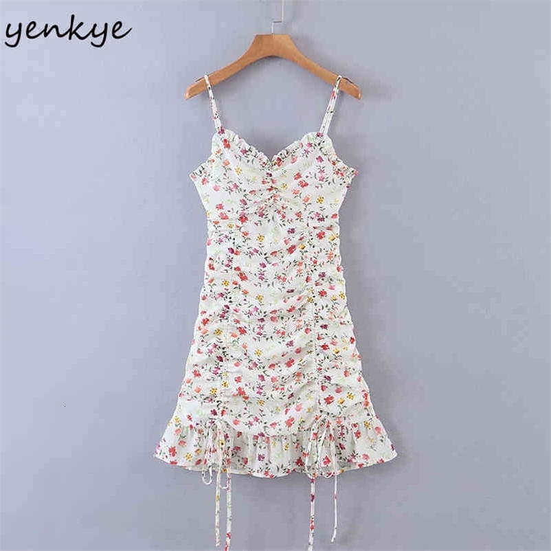YENKYE Sweet Ruffle Floral Print Dress Women Front Drawstring Draped Bodycon Mini Sexy Dress Holiday Summer Sling Chiffon Robe 210515
