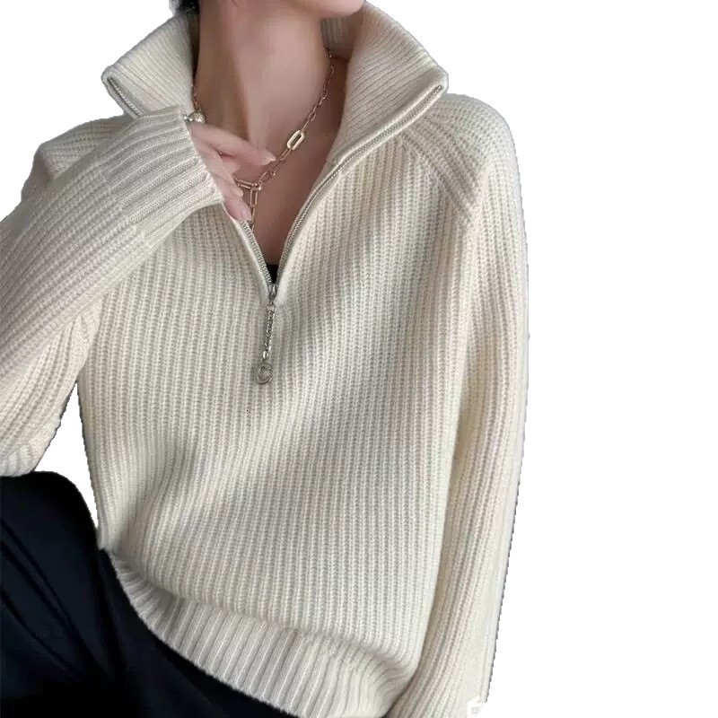 Autumn Winter New Loose Thick Fashion Design Turn-Down Collar Zipper Solid Color Knitted Sweater Women Pullover