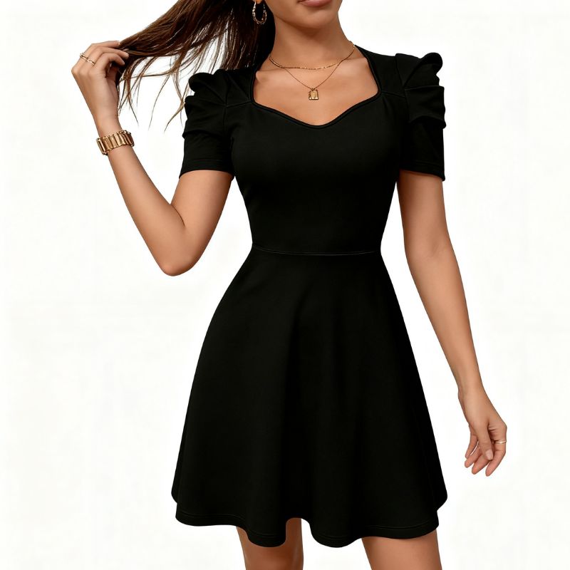Women's Elegant Milk Silk Short Dress, Black Puff - Sleeve Waist - Cinched Dress for Party & Date-sz25144