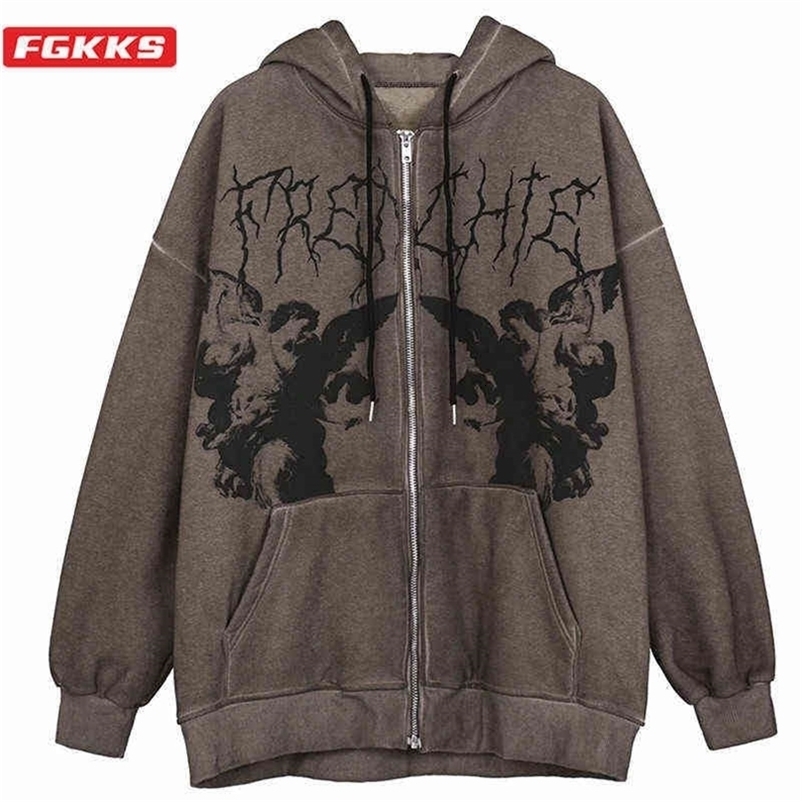FGKKS Hoodie Angel Fairy Grunge Dark Print Jacket Coat Women hip-hop Streetwear Harajuku Anime Coat Zipper Hoodies Male 211106