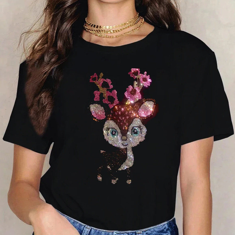 diamond shining summer clothes fashionable cute little deer womens T-shirt casual shirt round neck blouse short-sleeved 250321