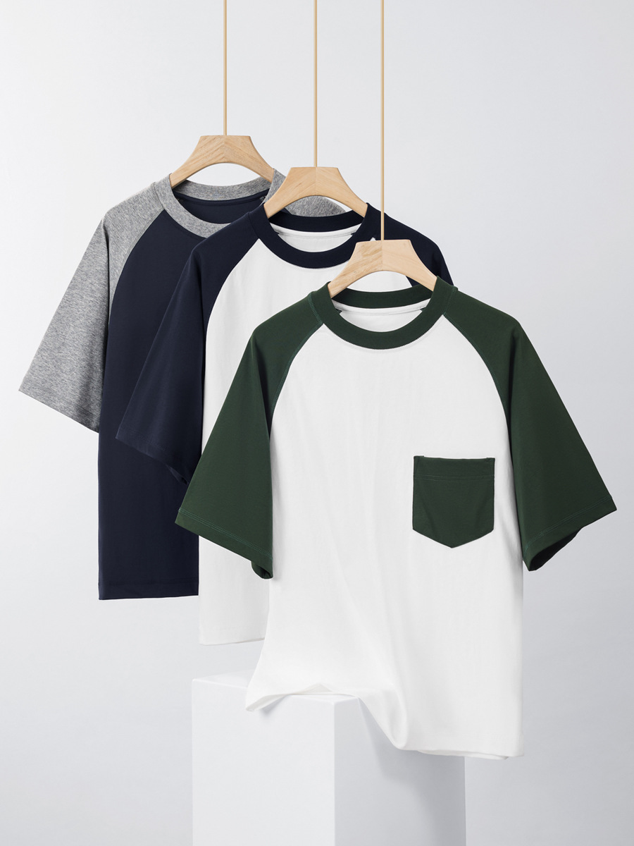 Summer New Japanese-Style 230g Ice-Feel Cotton T-Shirt - Men's Short-Sleeve with Pocket, Color-Block Raglan Sleeve, Unisex Undershirt -78Z