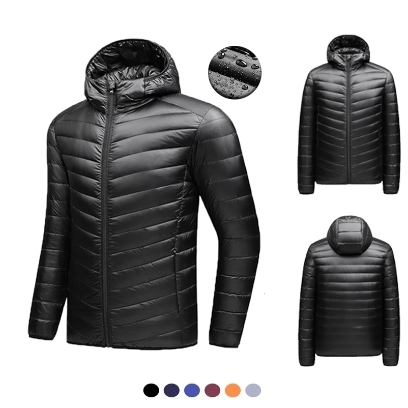 Men's Light Down Jacket Autumn Winter Coat Men White Duck Down Hooded Coat Casual Portable Windproof Water Proof Down Jacket Men 211104